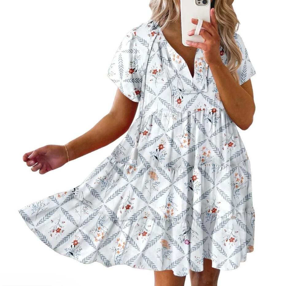 Dokotoo Floral Short Sleeve V-Neck Tiered Babydoll Mini Dress